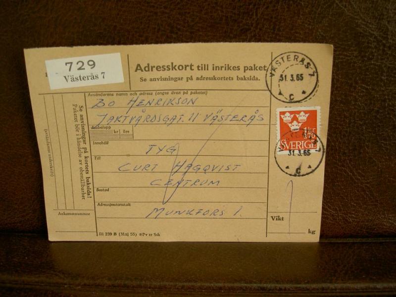 Paketavi med stämplade frimärken - 1965 - Västerås 7 till Munkfors