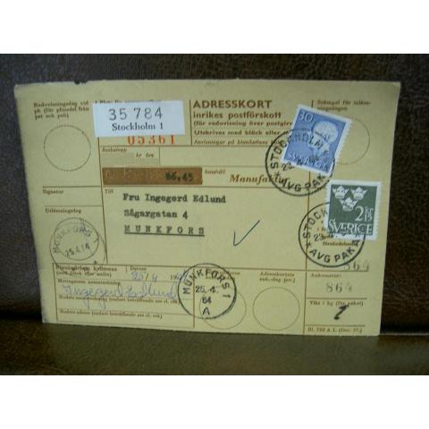 Paketavi med stämplade frimärken - 1964 - Stockholm 1 till Munkfors