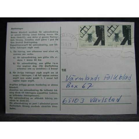 Adressndringskort med stämplade frimärken - 1972 - Karlstad