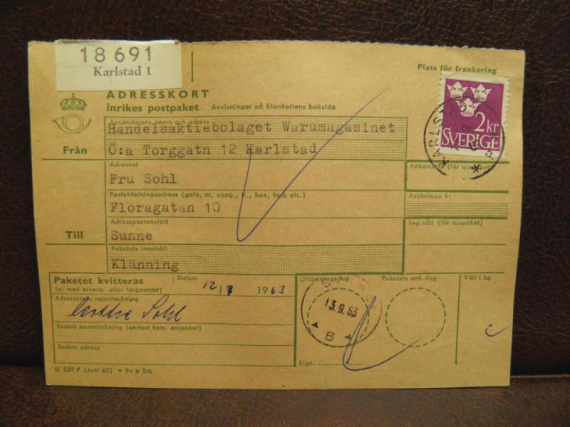 Frimärken  på adresskort - stämplat 1963 -  Karlstad 1 - Sunne