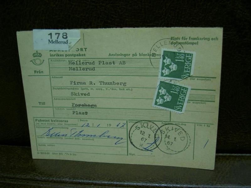 Paketavi med stämplade frimärken - 1967 - Mellerud till Skived
