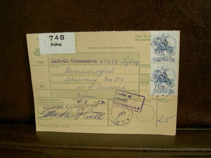 Paketavi med stämplade frimärken - 1972 - Årjäng till Karlstad
