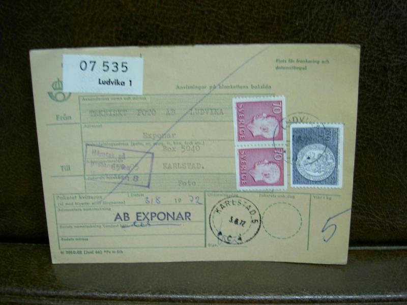 Paketavi med stämplade frimärken - 1972 - Ludvika 1 till Karlstad 5
