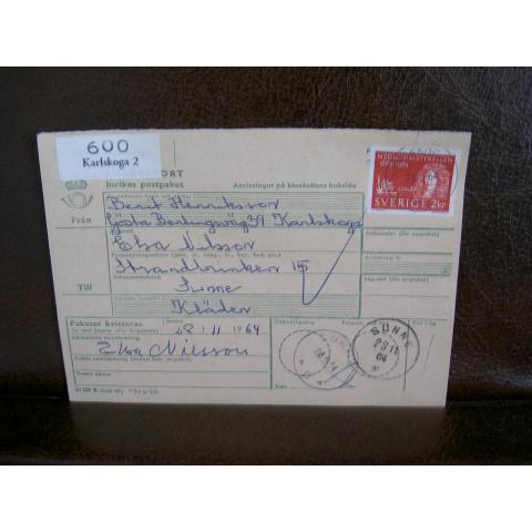 Paketavi med stämplade frimärken - 1964 - Karlskoga 2 till Sunne