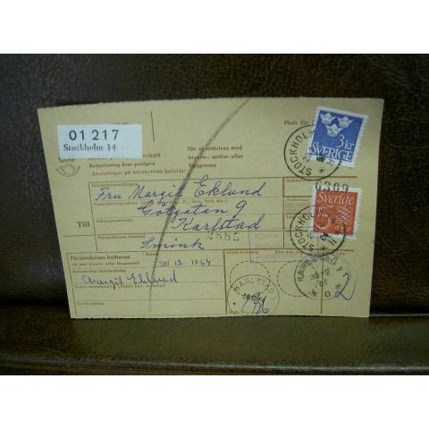 Paketavi med stämplade frimärken - 1964 - Stockholm 14 till Karlstad
