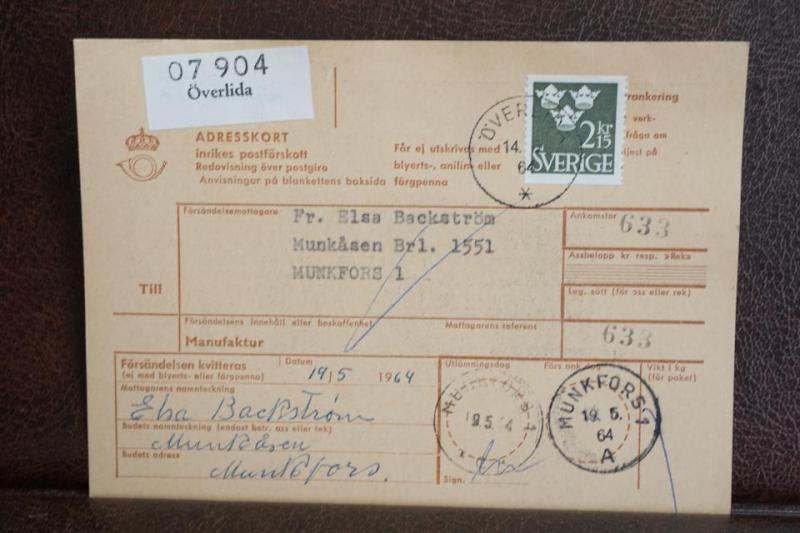 Frimärke på adresskort - stämplat 1964 - Överlida - Munkfors