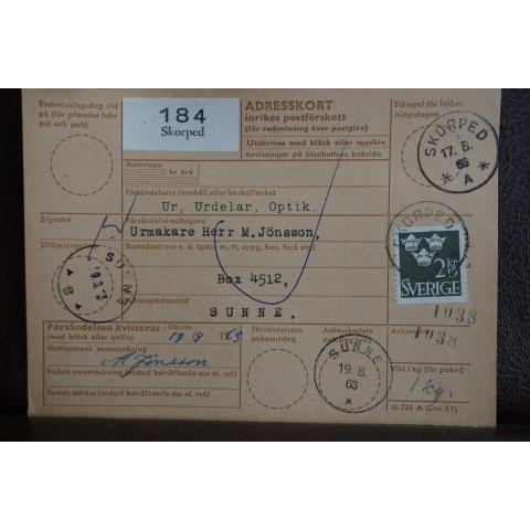 Frimärke på adresskort - stämplat 1963 - Skorped - Sunne