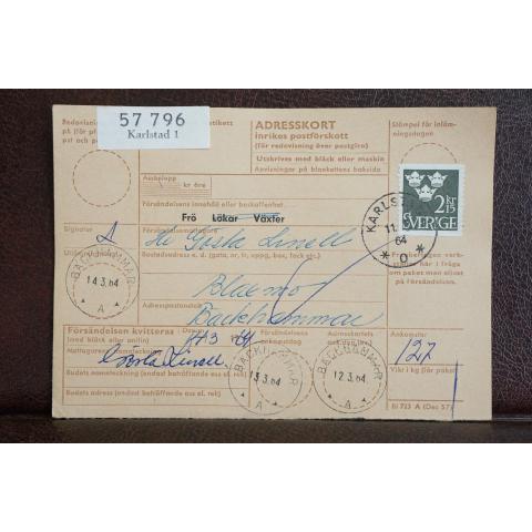 Frimärke på adresskort - stämplat 1964 - Karlstad 1 - Bäckhammar