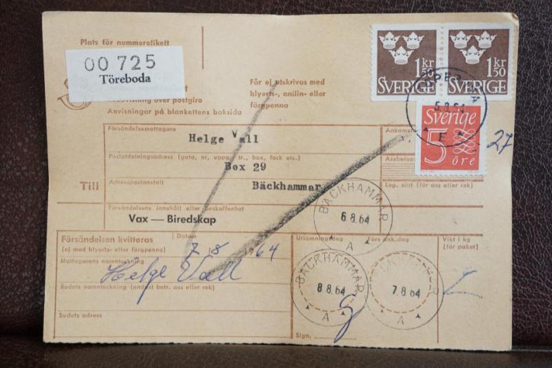 Frimärken på adresskort - stämplat 1964 - Töreboda - Bäckhammar