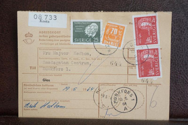 Frimärken på adresskort - stämplat 1964 - Kosta - Munkfors