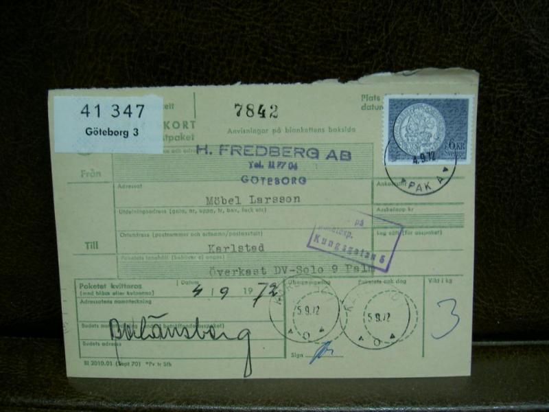 Paketavi med stämplade frimärken - 1972 - Göteborg 3 till Karlstad 1