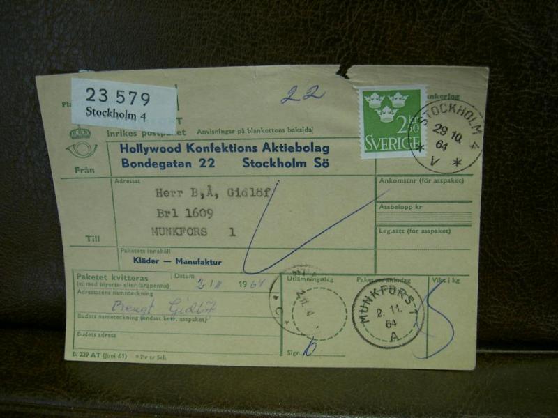 Paketavi med stämplade frimärken - 1964 - Stockholm 4 till Munkfors