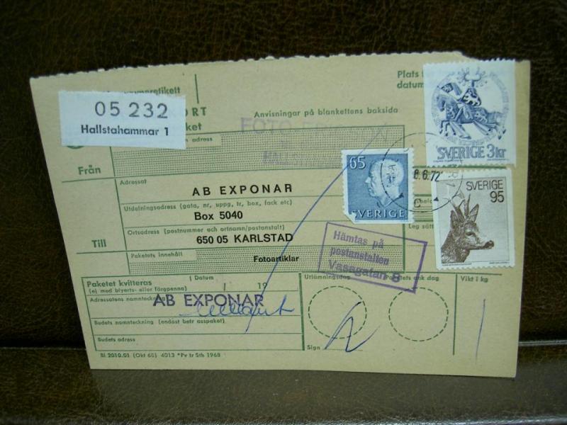 Paketavi med stämplade frimärken - 1972 -  Hallstahammar 1 till Karlstad 