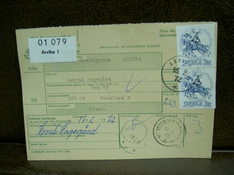 Paketavi med stämplade frimärken - 1972 - Arvika 1 till Munkfors 2