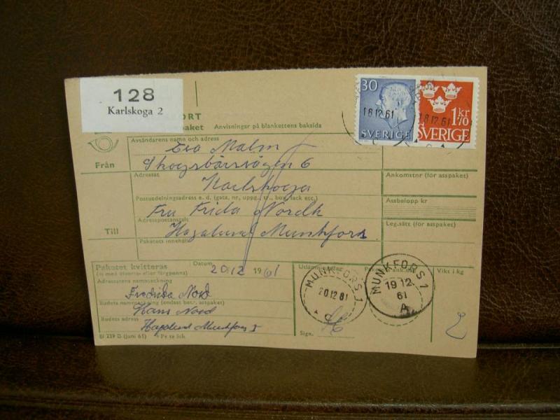 Paketavi med stämplade frimärken - 1961 - Karlskoga 2 till Munkfors