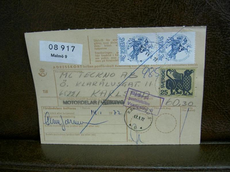 Paketavi med stämplade frimärken - 1972 - Malmö 9 till Karlstad