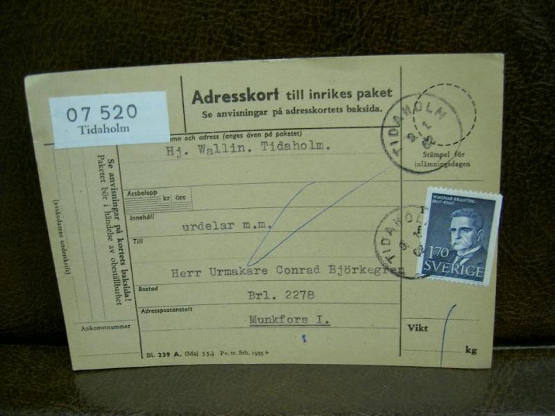 Paketavi med stämplade frimärken - 1962 - Tidaholm till Munkfors