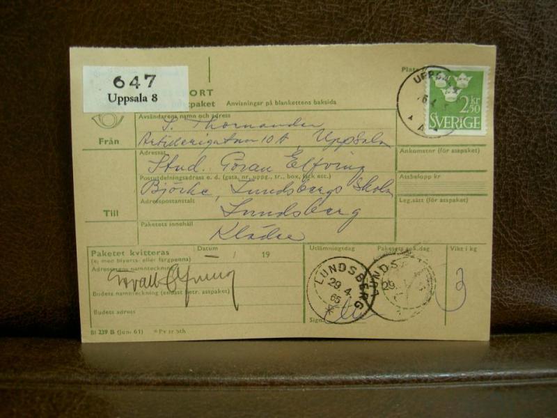 Frimärken på adresskort - stämplat 1965 - Uppsala 8 - Lundsberg