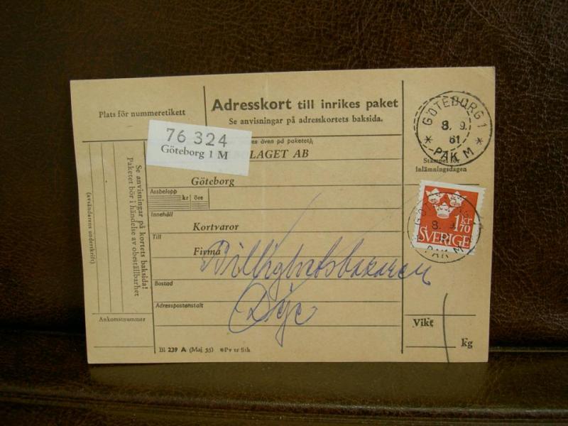 Paketavi med stämplade frimärken - 1961 - Göteborg 1 till Deje