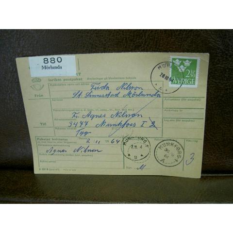 Paketavi med stämplade frimärken - 1964 - Mörlunda till Munkfors