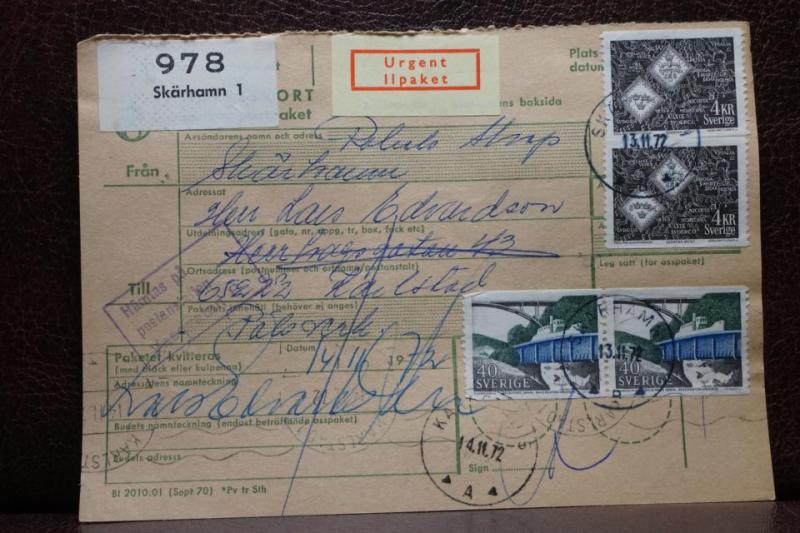 Poststämplat  adresskort med Ilpaket och frimärken - Skärhamn 1 - Karlstad