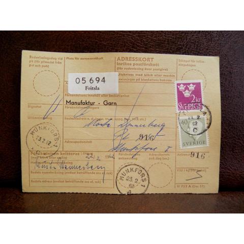 Frimärke  på adresskort - stämplat 1962 - Fritsla - Munkfors 1