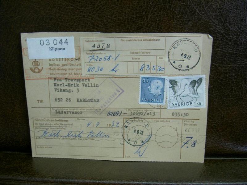 Paketavi med stämplade frimärken - 1972 - Klippan till Karlstad