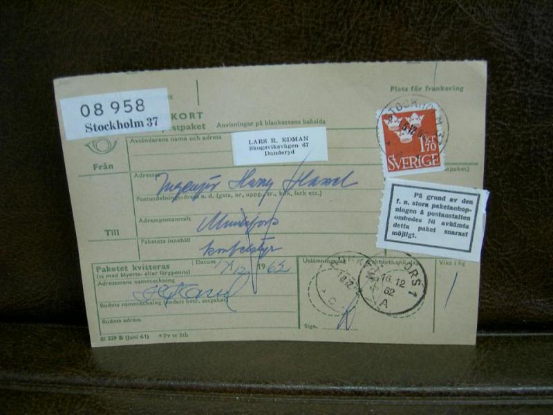 Paketanhopning + Paketavi med stämplade frimärken - 1962 - Stockholm 37 till Munkfors