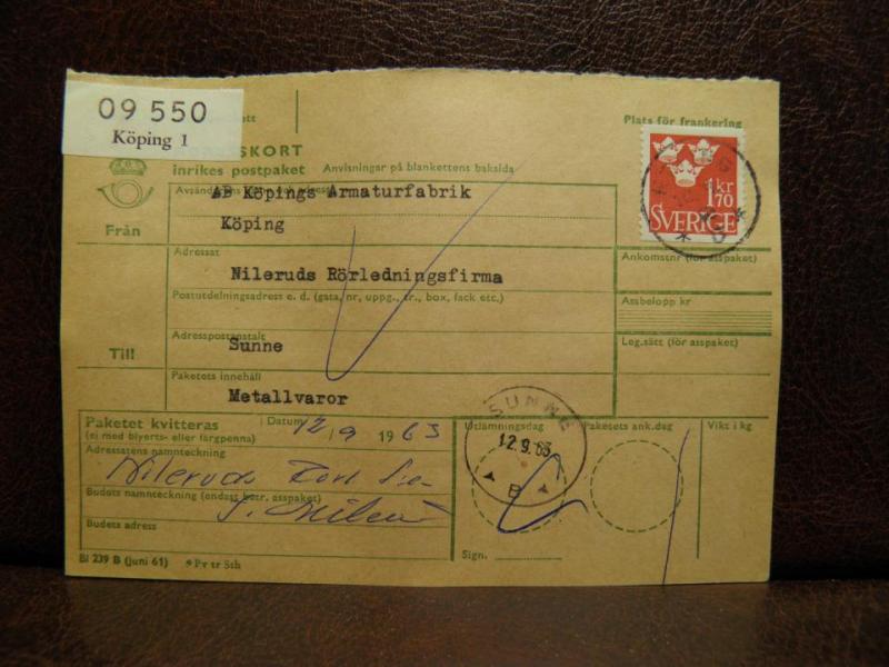 Frimärken på adresskort stämplat 1963 Köping 1 Sunne