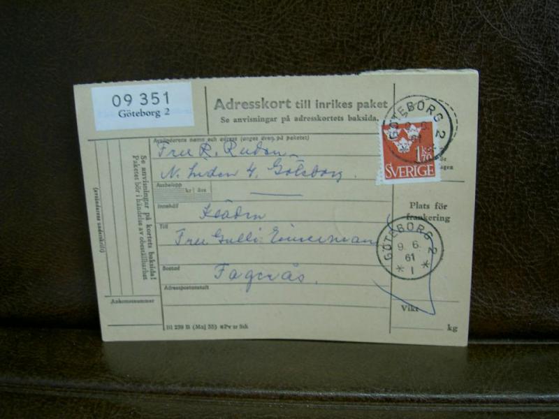 Paketavi med stämplade frimärken - 1961 - Göteborg 2 till Fagerås