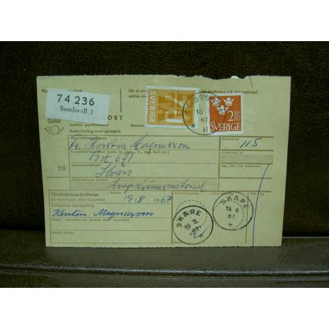 Paketavi med stämplade frimärken - 1967 - Sundsvall 1 till Skåre