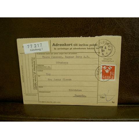 Paketavi med stämplade frimärken - 1961 - Göteborg 3 till Fagerås