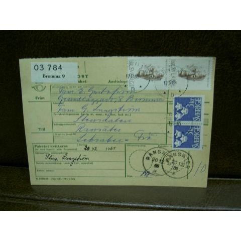Paketavi med stämplade frimärken - 1965 - Bromma 9 till Ransäter
