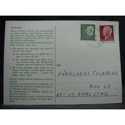 Adressndringskort med stämplade frimärken - 1972 - Laxå