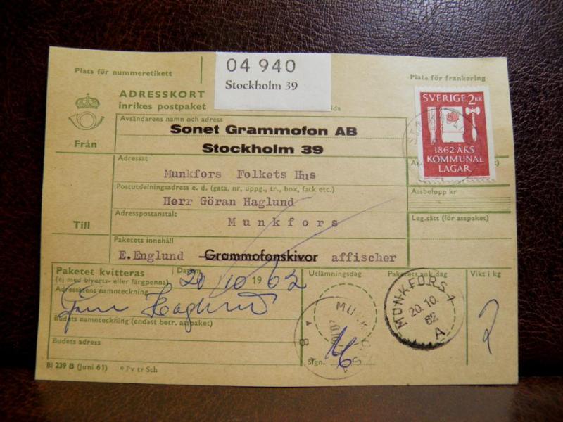 Frimärken  på adresskort - stämplat 1962 Stockholm 39 - Munkfors 