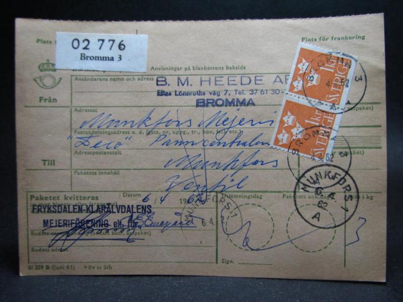 Adresskort med stämplade frimärken - 1962 - Bromma till Munkfors