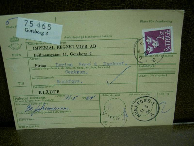 Paketavi med stämplade frimärken - 1964 - Göteborg 3 till Munkfors 1