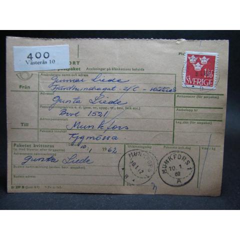Adresskort med stämplade frimärken - 1962 - Västerås till Munkfors