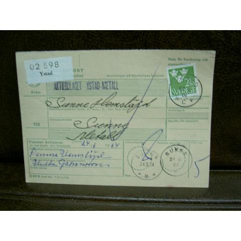 Paketavi med stämplade frimärken - 1964 - Ystad till Sunne