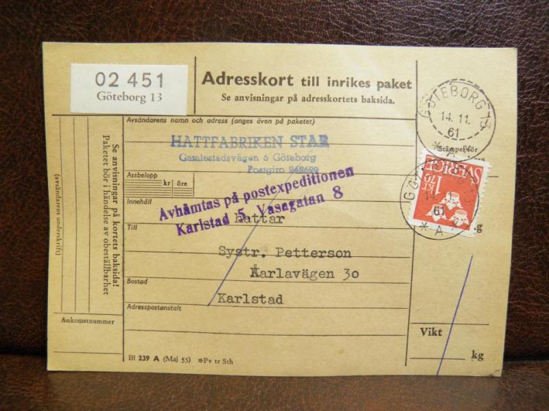 Frimärken på adresskort - stämplat 1961 - Göteborg 13 - Karlstad
