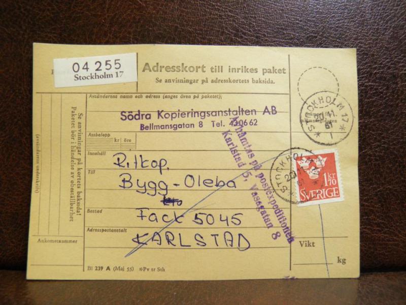 Frimärken på adresskort - stämplat 1961 - Stockholm 17 - Karlstad