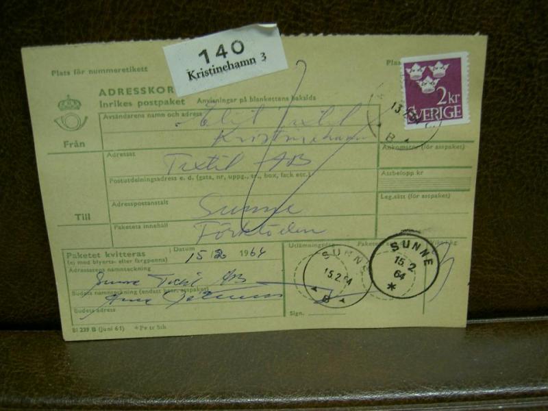 Paketavi med stämplade frimärken - 1964 - Kristinehamn 3 till Sunne