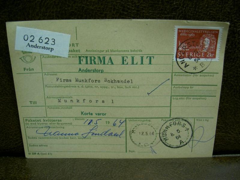 Paketavi med stämplade frimärken - 1964 - Anderstorp till Munkfors 1
