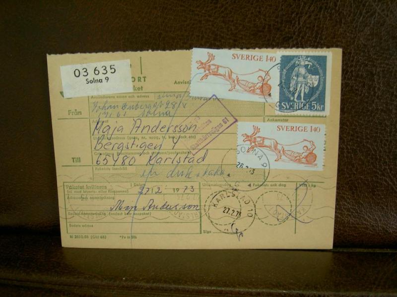 Paketavi med stämplade frimärken - 1973 - Solna 9 till Karlstad