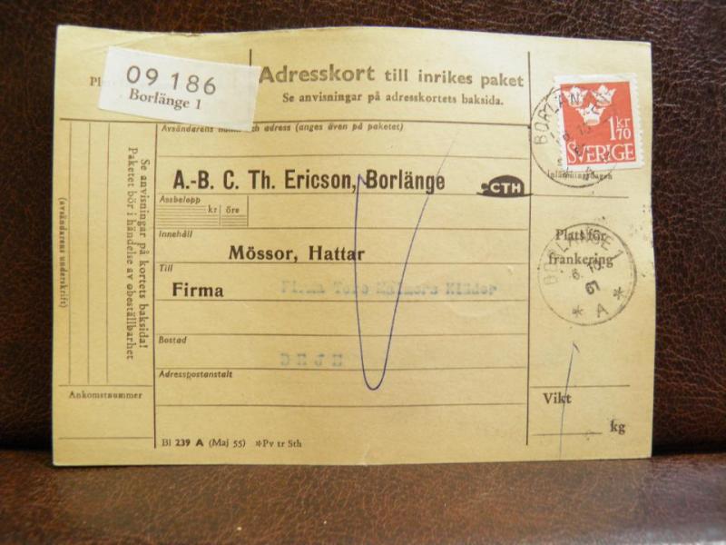 Frimärke  på adresskort - stämplat 1961 - Borlänge 1 - Deje