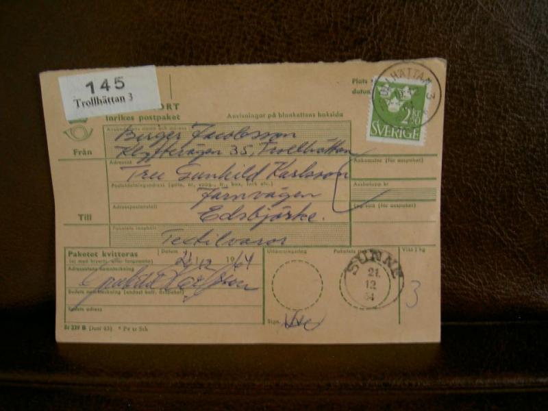 Paketavi med stämplade frimärken - 1964 - Trollhättan 3 till Sunne