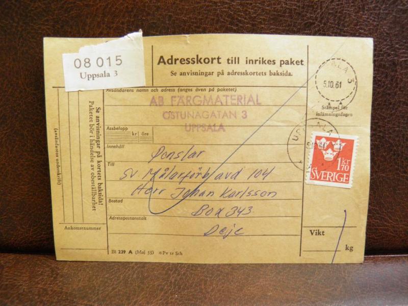 Frimärke  på adresskort - stämplat 1961 - Uppsala 3 - Deje