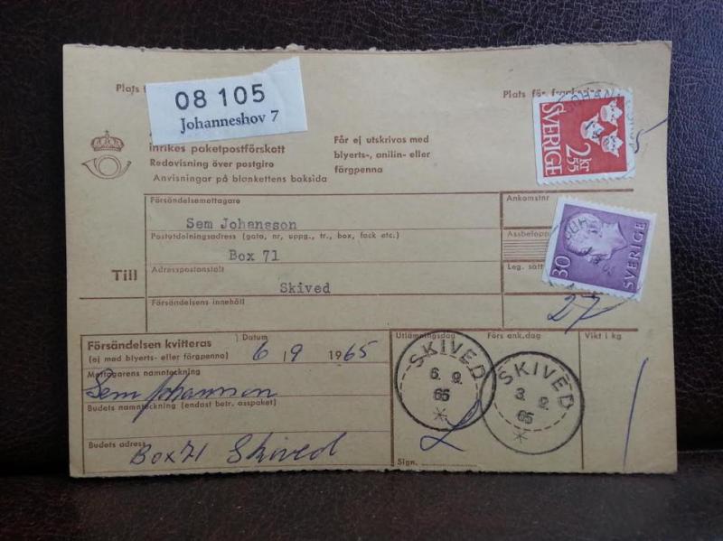 Frimärke på adresskort - stämplat 1965 - Johanneshov 7 - Skived