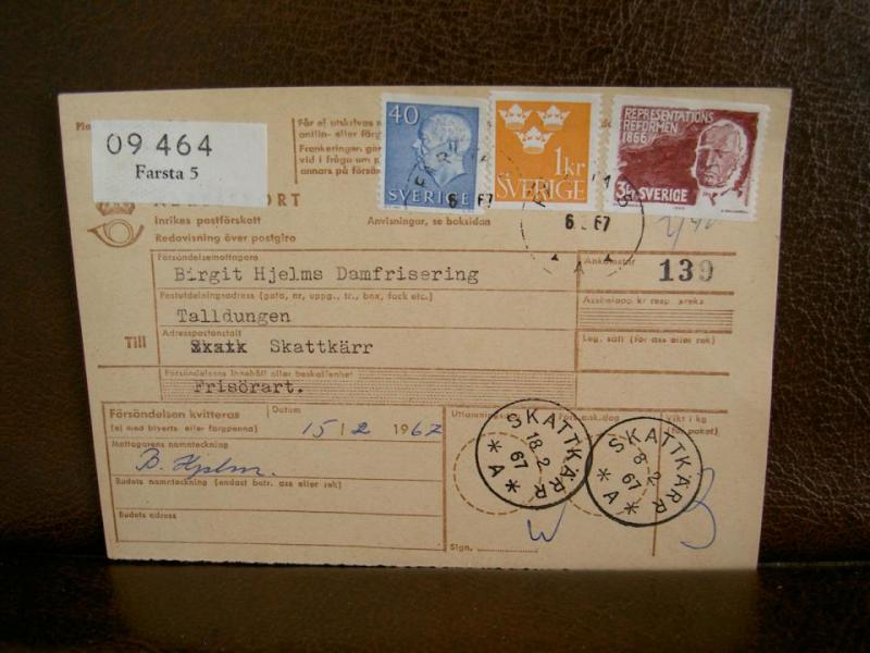 Paketavi med stämplade frimärken - 1967 - Farsta 5 till Skattkärr