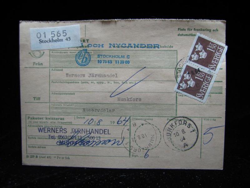 Adresskort med stämplade frimärken - 1964 - Stockholm till Munkfors